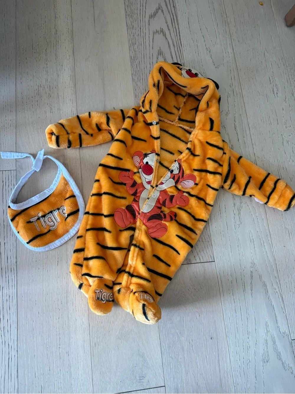 Disney Tigger Plush Hooded One-Piece Romper with Bib - Orange Tiger Stripe
